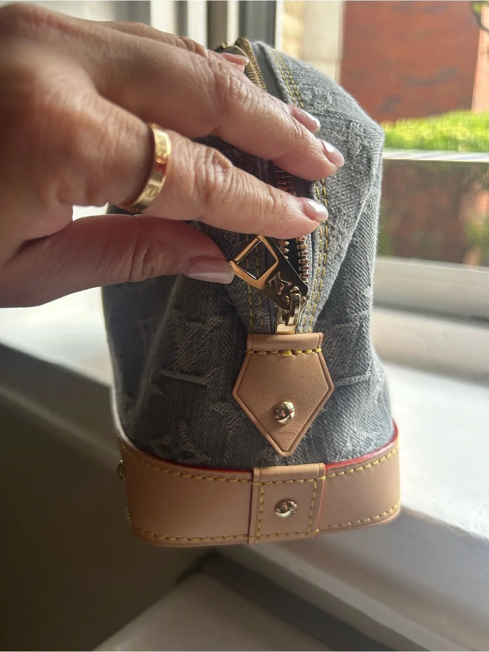 Louis Vuitton Gray Wash Denim Monogram Cosmetic Pouch w/ Natural Leather Trim GM